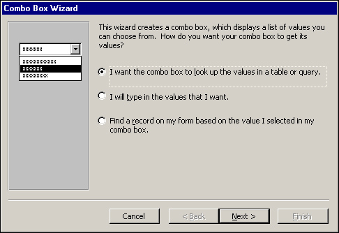 The first step of the Combo Box Wizard: selecting the source of the data.