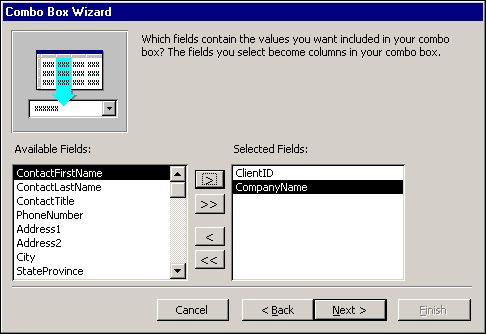 The third step of the Combo Box Wizard: selecting fields.