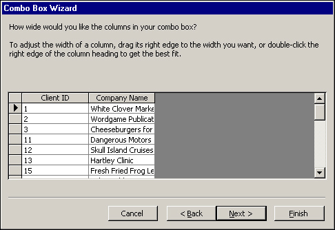 The fourth step of the Combo Box Wizard: setting column widths.