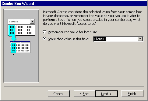 The fifth step of the Combo Box Wizard: indicating where the selected value will be stored.