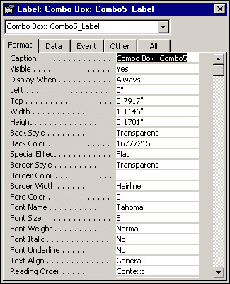 Properties of a combo box, showing that the ClientID field has been selected as the control source for the Combo5 combo box.