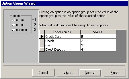 The third step of the Option Group Wizard: selecting values for options.