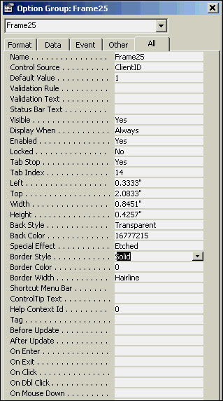 An option group frame, showing the properties of the selected button.