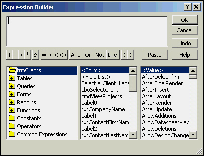 The Expression Builder helps you add an expression as a control’s control source.