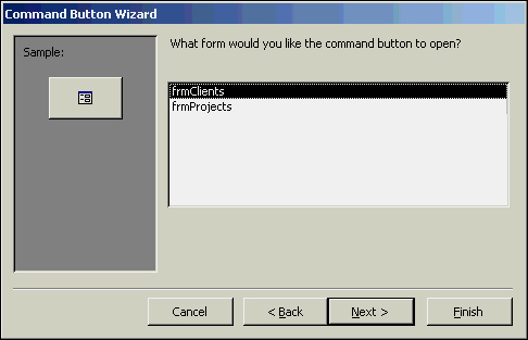 The Command Button Wizard requesting the name of a form to open.