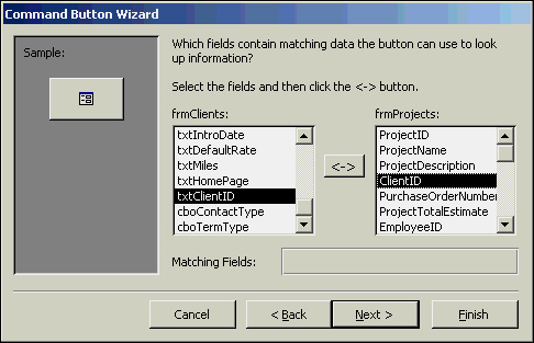 The Command Button Wizard asking for the fields that relate to each form.