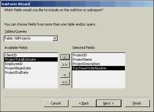 Selecting fields to include in the subform.
