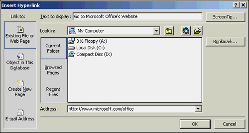 Establishing a link to a file or URL by using the Insert Hyperlink dialog box.