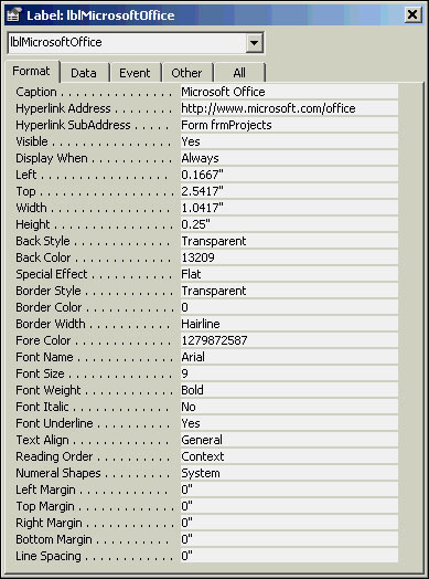 Hyperlink address and subaddress defined for a label control.