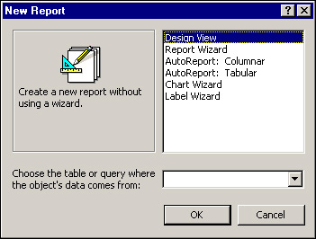 In the New Report dialog box, you can designate Design view or select from one of five wizards.