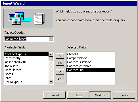 The first step of the Report Wizard: table/field selection.