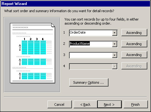 Step 4 of the Report Wizard: selecting a sort order.