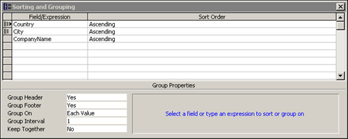 The Sorting and Grouping window, showing the five sorting and grouping properties.