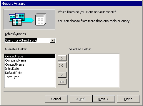 Selecting the qryClientListing query.