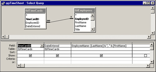 The qryTimeSheet query in Design view.