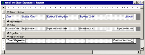 The rsubTimeSheetExpenses report in Design view.