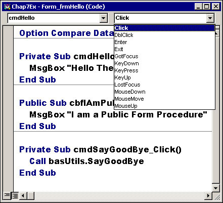 An event procedure for the Click event of the cmdHello command button.