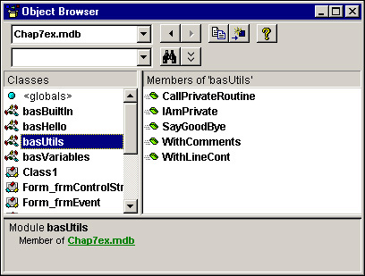 The Object Browser showing all the classes in the Chap7ex database and all the members in the basUtils module.