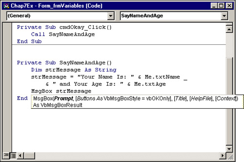 The syntax for the MsgBox function.