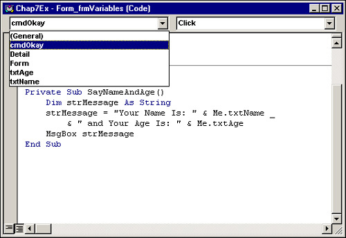 The Code window with the Object combo box open.