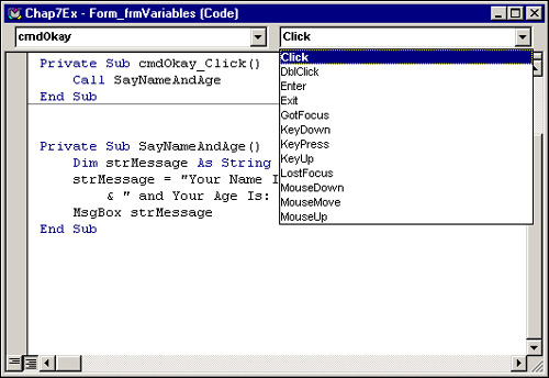 The Code window with the Procedure combo box open.