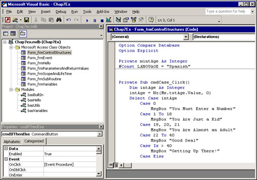 The Project window showing all the classes and modules contained within the Chap7ex project.