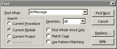 The Find dialog box is set up to search for strMessage in the current module.