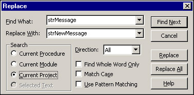 The Replace dialog box is set to find strMessage and replace it with strNewMessage in the current project.