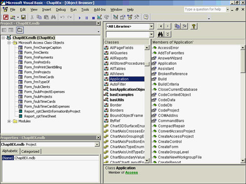Selecting the Access 2002 library in the Object Browser.