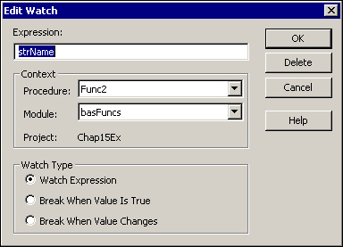 You can use the Edit Watch dialog box to modify the specifics of a watch after you add it.