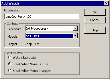 Defining a watch that will cause the code execution to break whenever the expression is True.