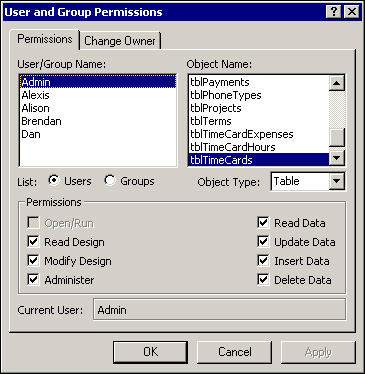 The User and Group Permissions dialog box lets you assign user and group rights to each database object.