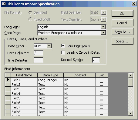 The Import Specification dialog box enables you to designate the specifics of the import.