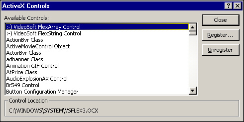 Use the ActiveX Controls dialog box to register ActiveX controls.