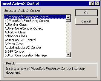 Use the Insert ActiveX Control dialog box to add an ActiveX control to a form.