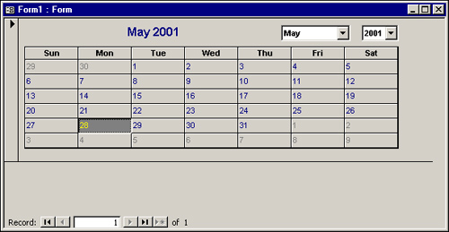 A Calendar OCX, shown in Form view, with no properties explicitly set.