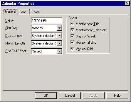 The Calendar Properties dialog box allows you to set some initial properties for the control.