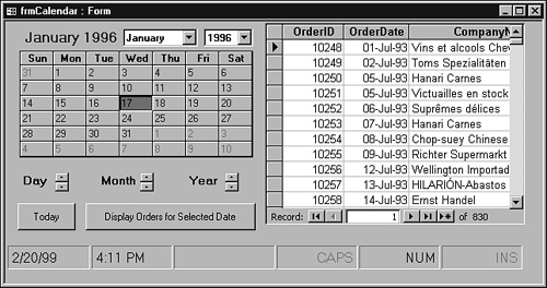 An example of using the Calendar control.