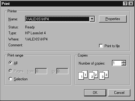 The Print common dialog box has several options for printing chores.