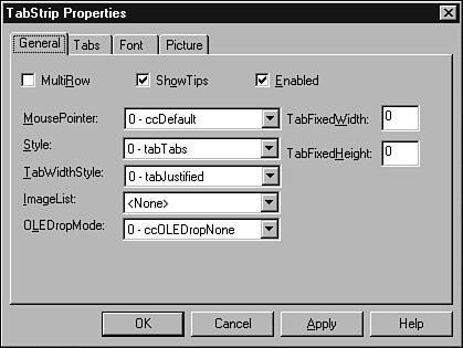 The TabStrip Control Properties dialog box sets initial properties for the TabStrip control.