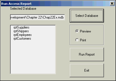 The UserForm that enables you to print Access reports.