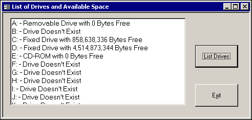 The frmListDrives form, showing the type of each drive installed on the system and the amount of free space on each drive.