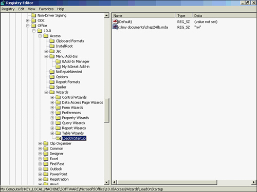 Referencing a library using the Registry Editor.