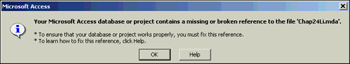 A warning message indicating that the library database cannot be located.