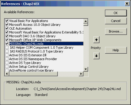 The References dialog box with a library flagged as missing.