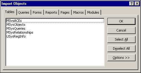 Using the Import Objects dialog box to add the USysRegInfo table to your library database.