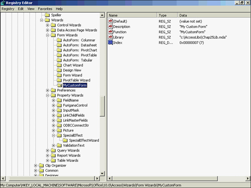 Registry entries for the custom Form Wizard.