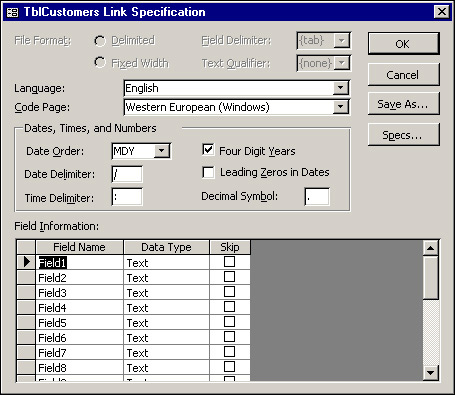 In the Link Specification dialog box, you designate specifics about the linked table.