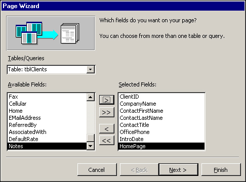 Selecting the table or query and the fields that you want to include in the data access page.