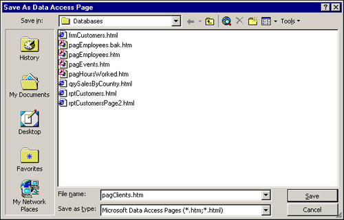 The Save as Data Access Page dialog box allows you to select a name and location for the saved HTML document.